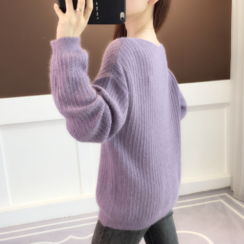 外穿打底毛衣女士春秋新款韩版宽松紫色圆领套头针织衫上衣