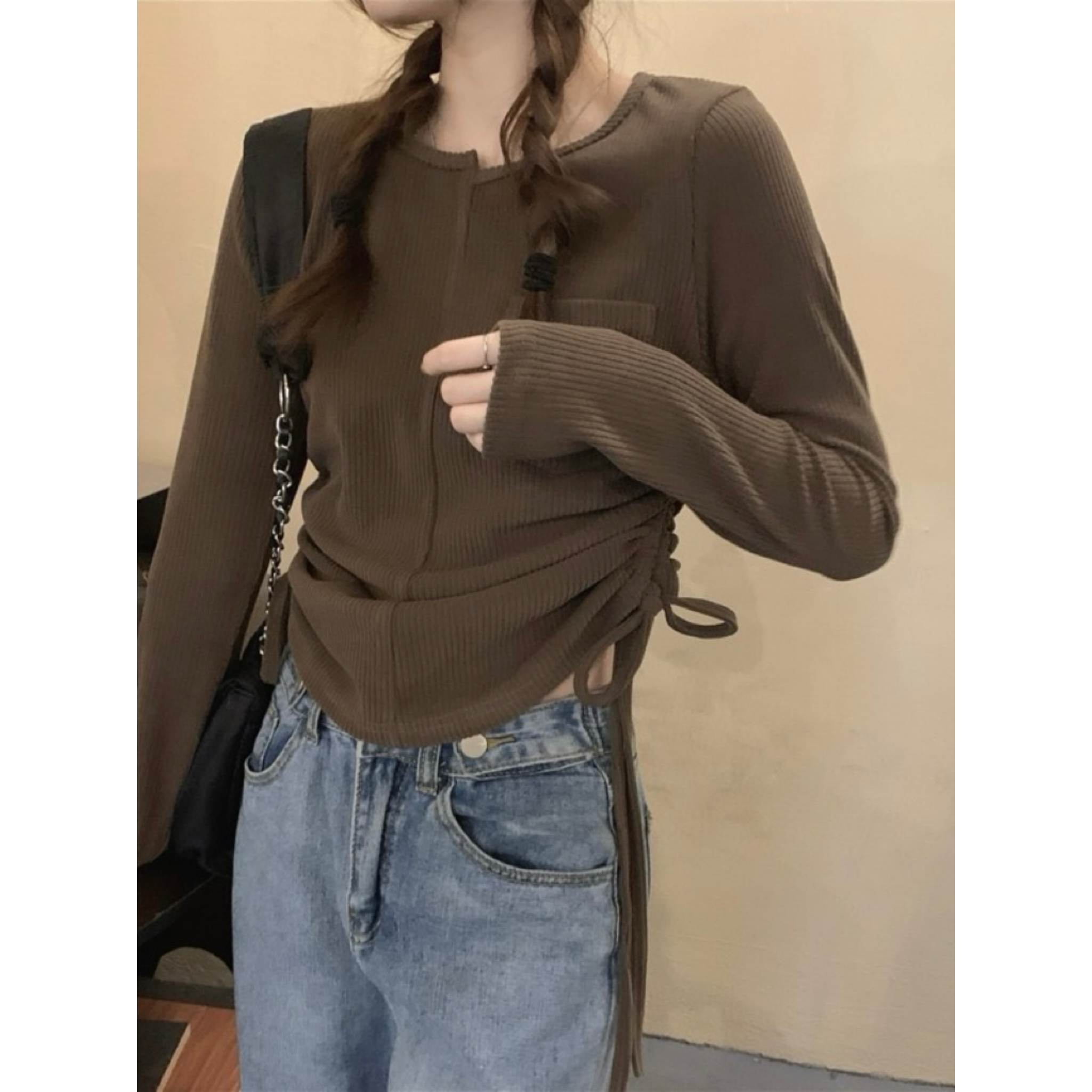 Real shot!  Autumn and winter design long-sleeved knitted tops for women Korean style asymmetrical round neck side drawstring bottoming shirt