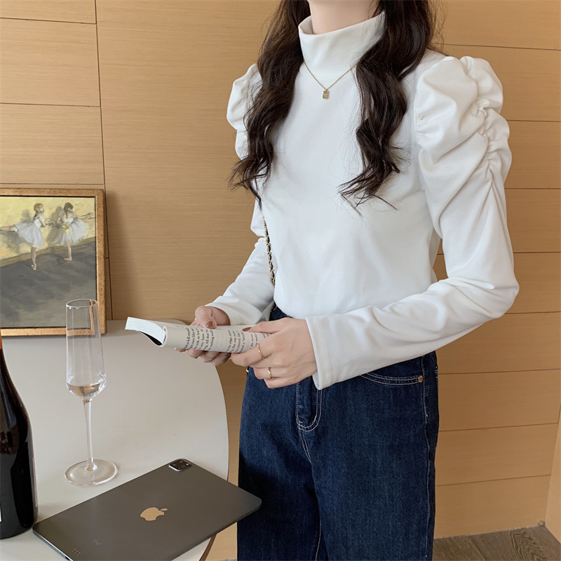 2023秋冬季新款半高領泡泡長袖百搭打底上衣女 實拍