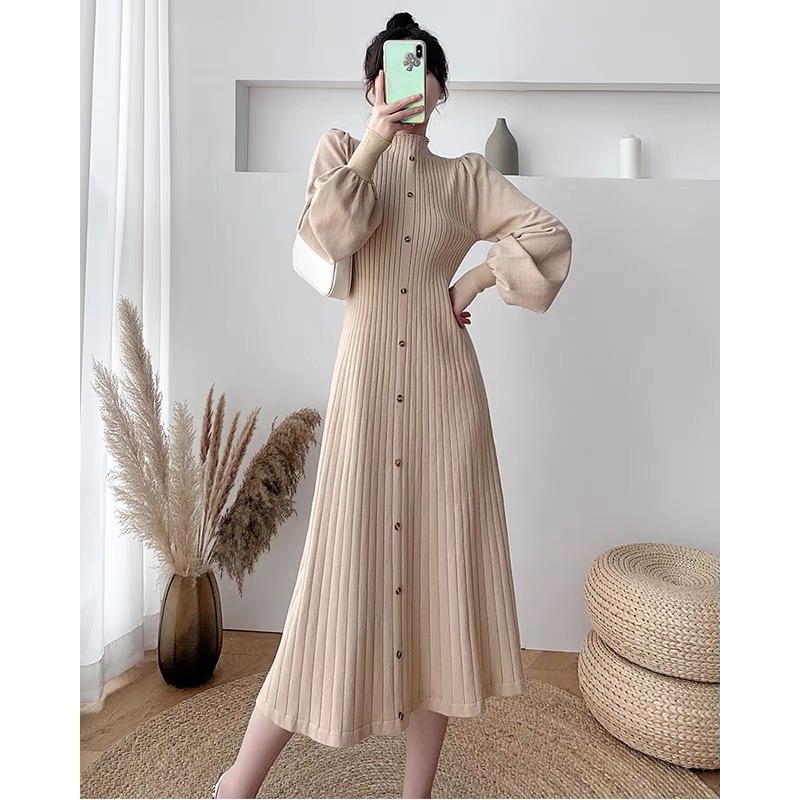 Autumn and winter half turtleneck knitted dress Korean style slim fit card medium long lantern sleeve bottoming skirt with sweater skirt