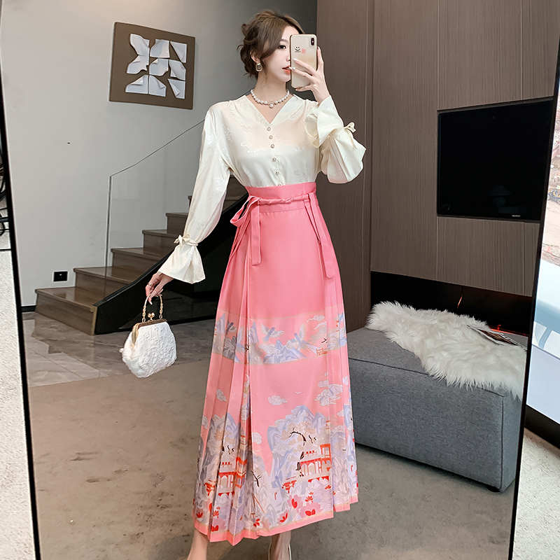實拍 新中式女秋冬國風半身裙裙2023新款改良馬面裙套裝刺繡漢服