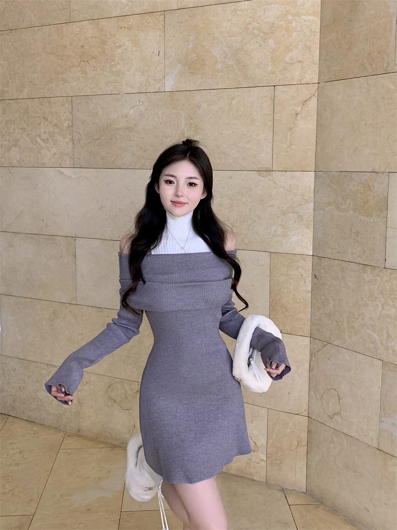 Real shot of autumn new one-shoulder dress for seniors, slim and sexy skirt