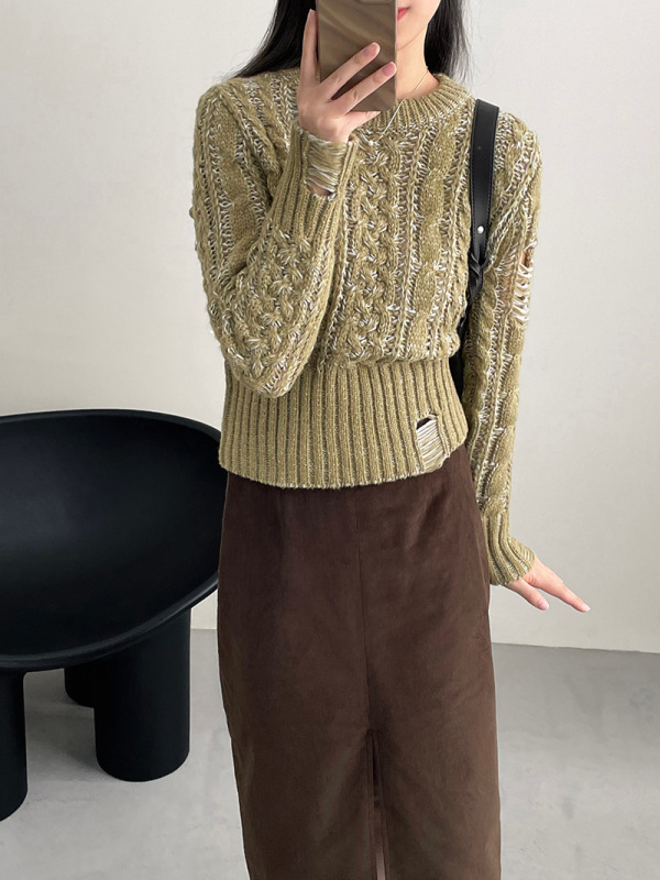 實拍~小眾破洞風復古撞色鏤空條紋毛衣女設計感針織衫