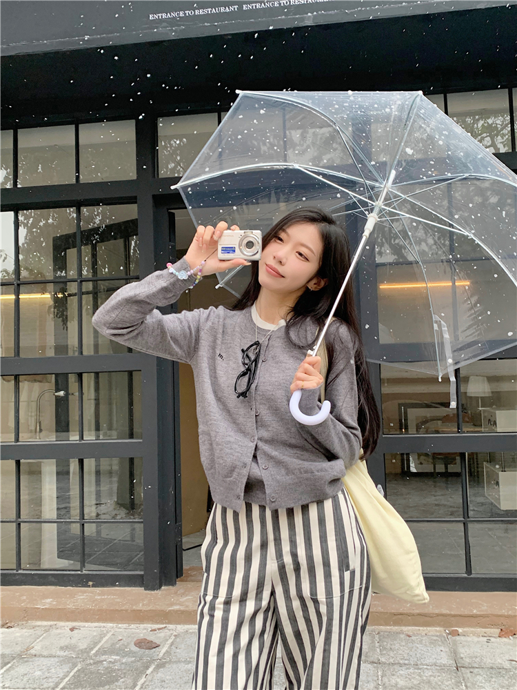 Real shot~Fake two-piece knitted sweater cardigan for women + striped wide-leg casual pants suit