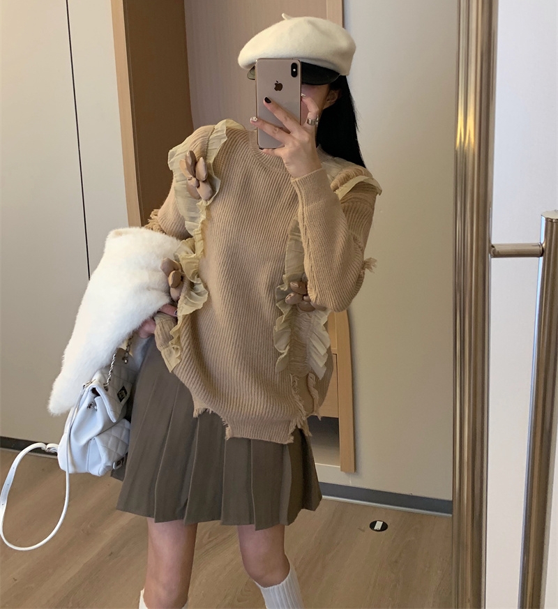 實拍秋冬仙女風溫柔杏色東大門直播包芯紗小香風波浪花邊重工毛衣