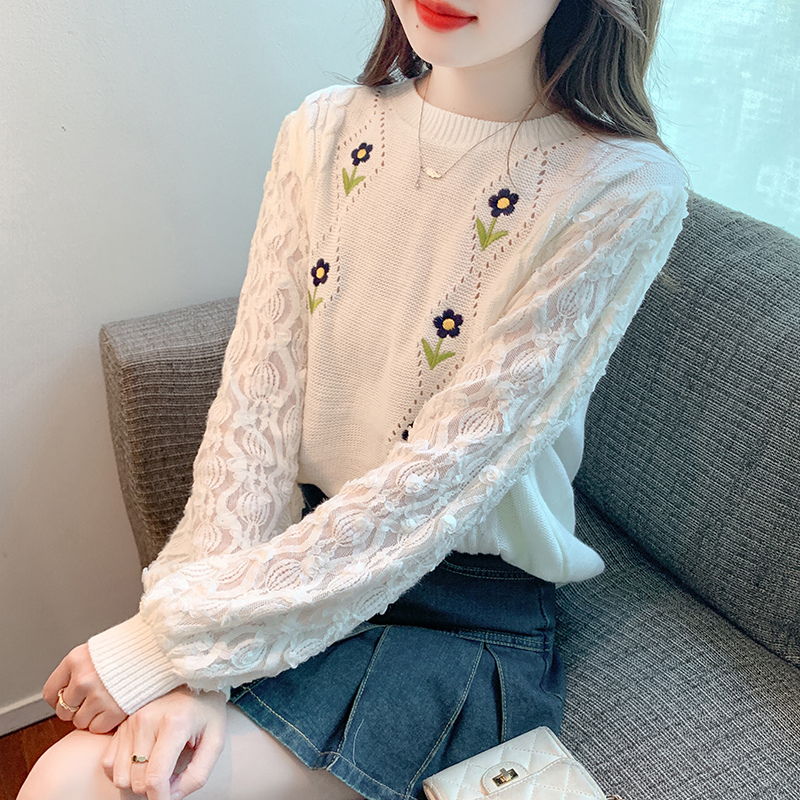 刺繡毛衣女秋季慵懶風2023年新款氣質針織衫寬鬆溫柔套頭上衣