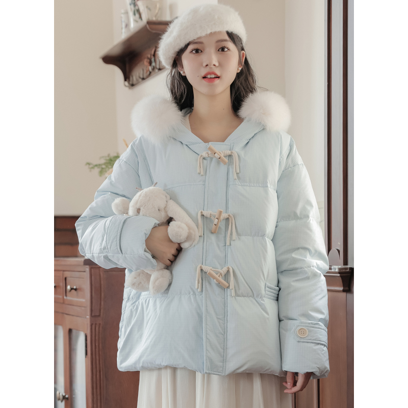 不低於239實拍藍色羽絨服牛角扣連帽棉服保暖外套