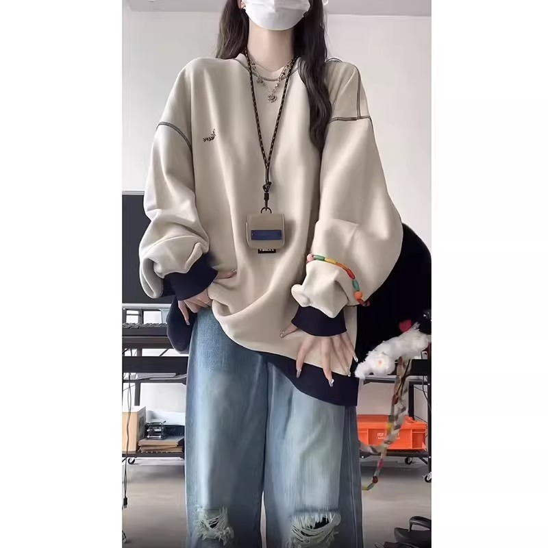 National trend American retro niche color matching plus velvet loose round neck couple sweatshirt women's autumn and winter oversize top trendy