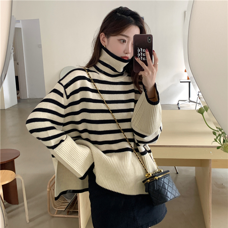 Turtleneck striped sweater autumn and winter 2023 new loose side slit inner sweater long-sleeved top for women