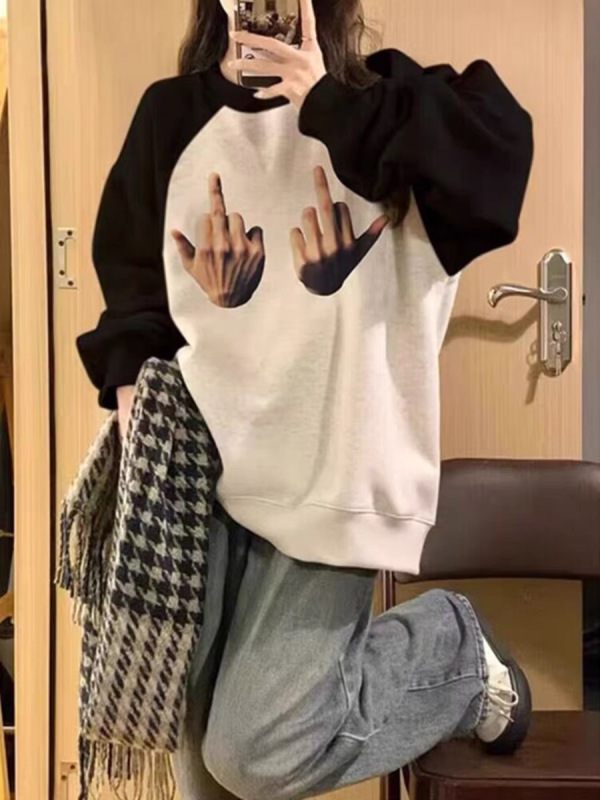 潮牌oversize美式復古中指撞色衛衣女寬鬆慵懶風加絨加厚無帽上衣