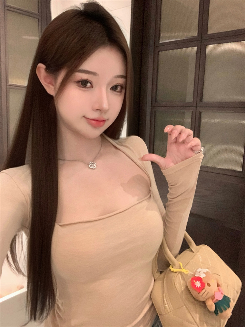 實拍 秋季女打底衫2023年新款t恤內搭設計感洋氣減齡長袖短款