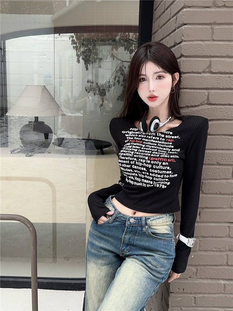 實拍~2023年新款冬季美式復古字母印花修身洋氣打底T恤上衣女