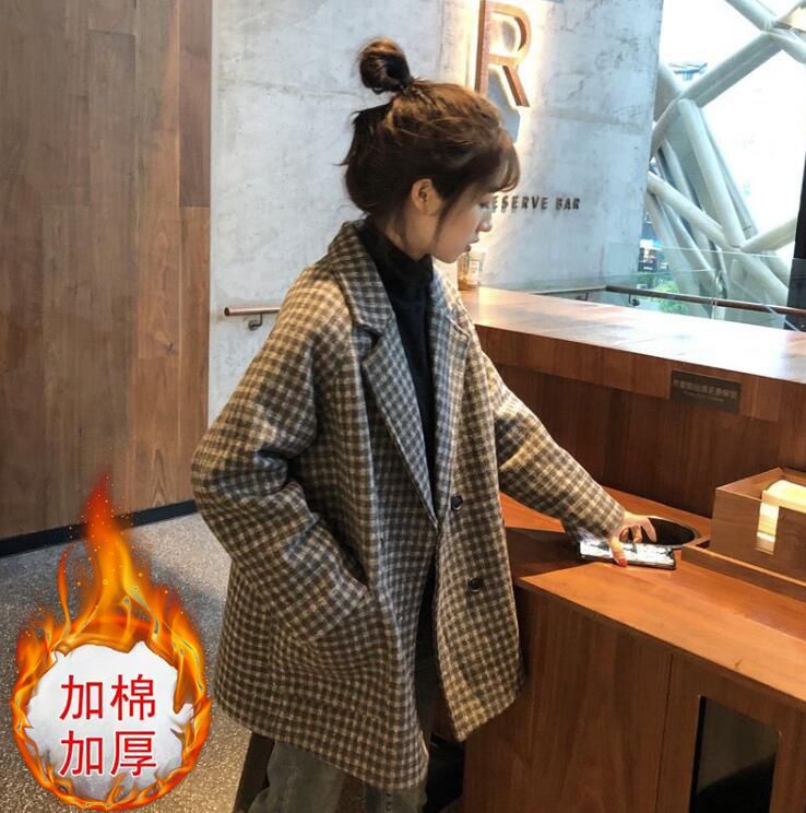秋冬新款大碼女裝寬鬆夾棉格子西裝呢子大衣外套M-4XL200斤