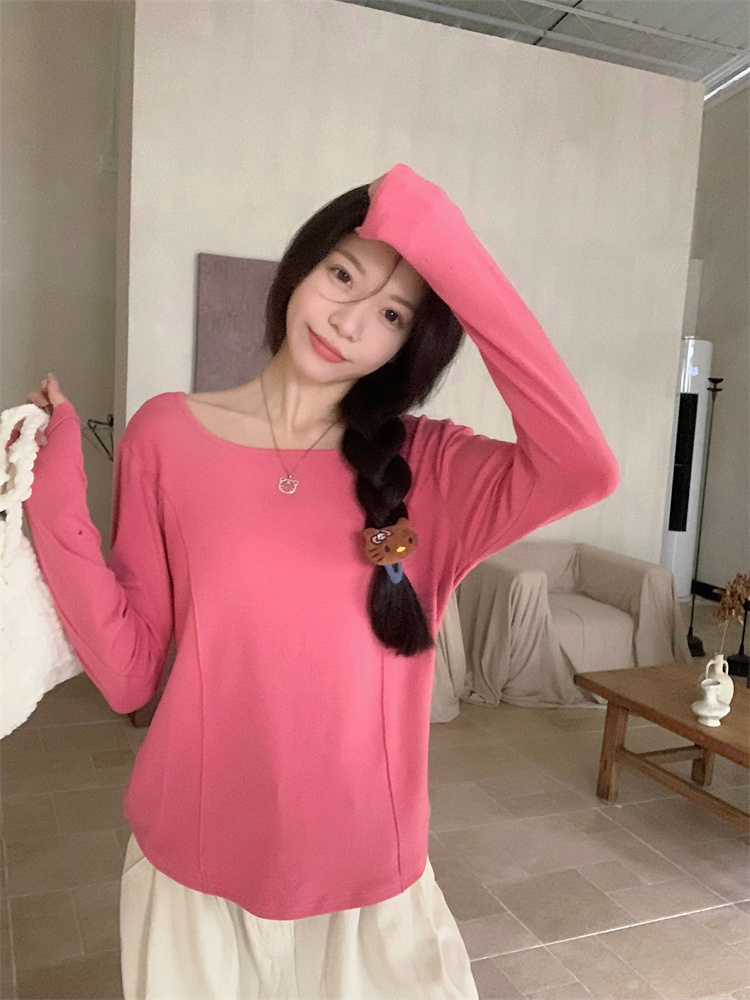 7727實拍大碼正肩長袖棉t恤女方領洋氣修身打底衫內搭魚骨上衣
