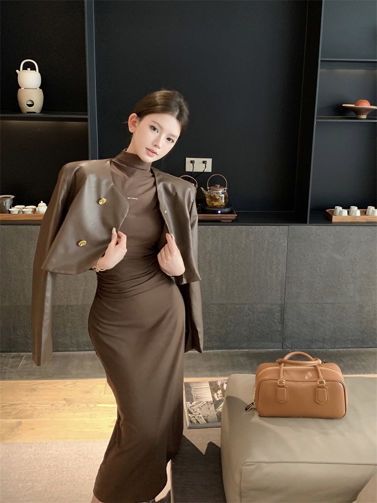 Actual shot of retro gold-button PU leather jacket + pleated turtleneck dress suit