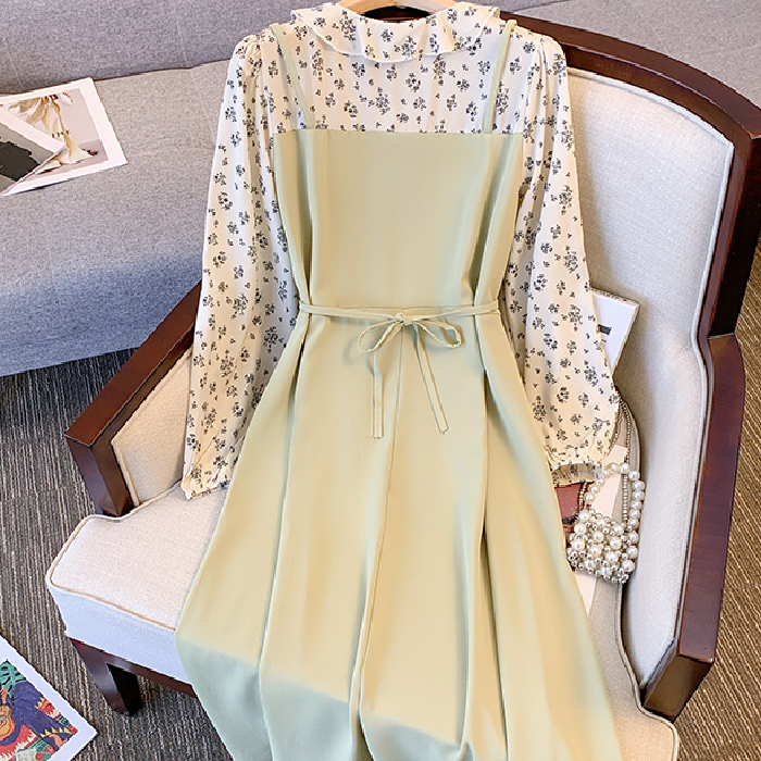 Trendy girl spring new style fat girl French style chiffon splicing floral fake two pieces