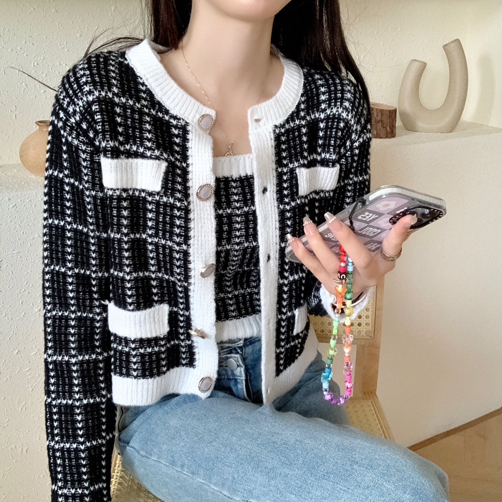 Autumn and winter new Korean designer brand ETMON tweed knitted cardigan two-piece set of the same style
