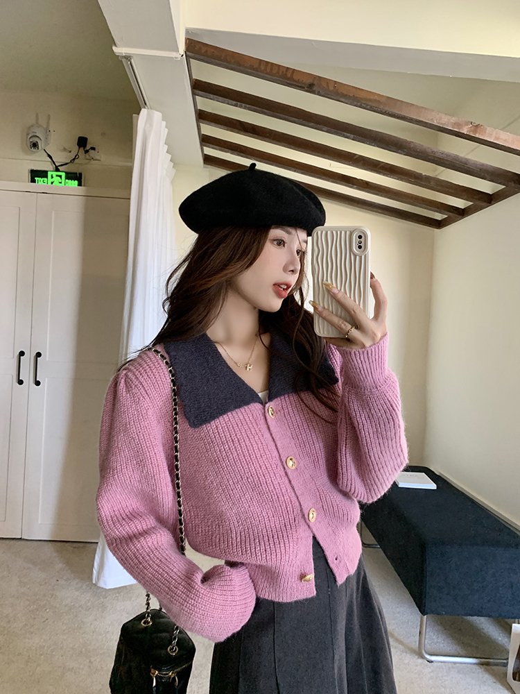 Gentle style contrasting color lapel sweater for women autumn and winter 2023 new French niche loose short long-sleeved top