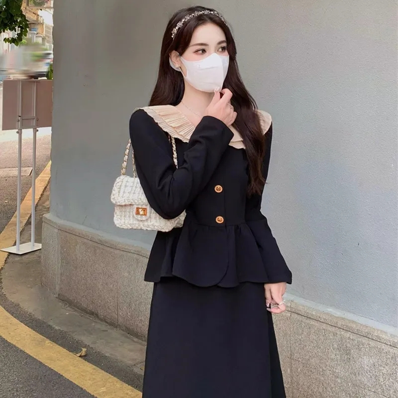 Plus size fat mm autumn and winter forest style high-end waist slimming doll collar contrasting color short-sleeved jacket and skirt two-piece set