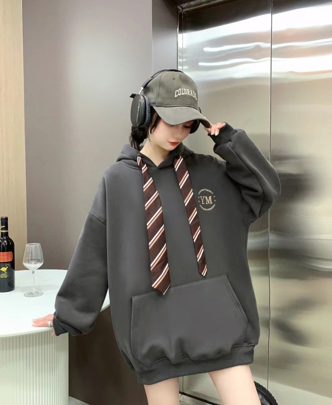 2023秋冬加絨加厚帶領帶衛衣女ins潮牌休閒百搭學院風衛衣女