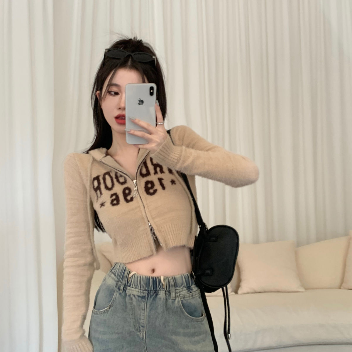 American Hot Girl Hooded Knitted Cardigan Long Sleeve New Retro Zipper Design Niche Short Top Deer Plush