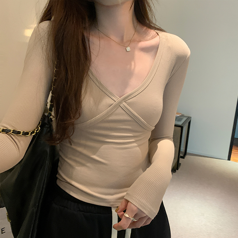 實拍圖螺紋V領辣妹長袖T恤女秋季2023年新款修身顯瘦打底上衣