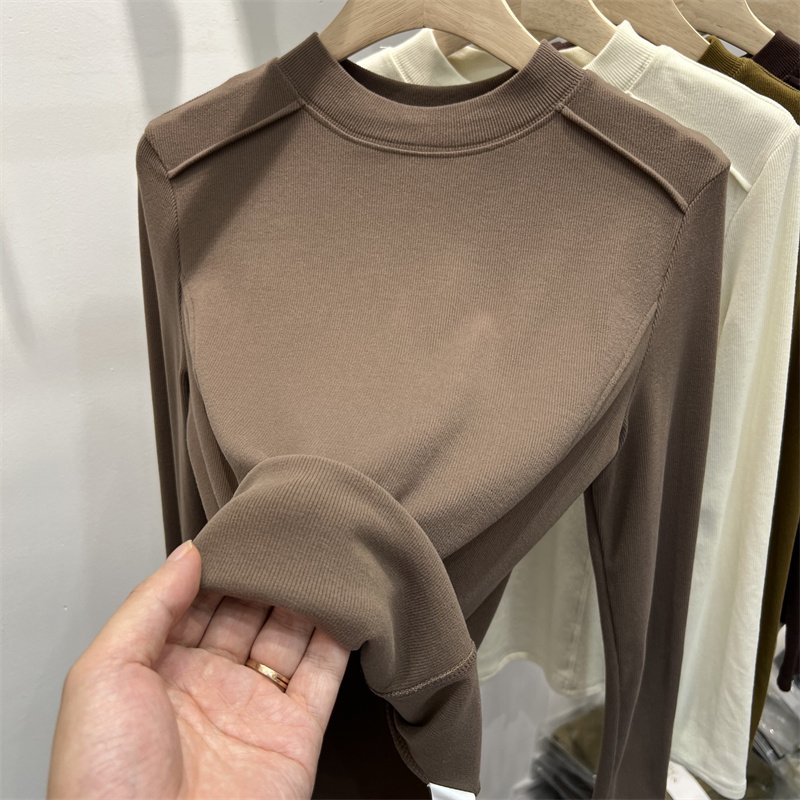 European design brushed threaded long-sleeved T-shirt for women 2023 autumn and winter new style foreign style inner layering shirt with thick top