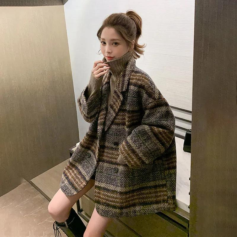 格子毛呢外套女中長款2023秋冬新款韓版流行寬鬆呢子大衣西裝外套