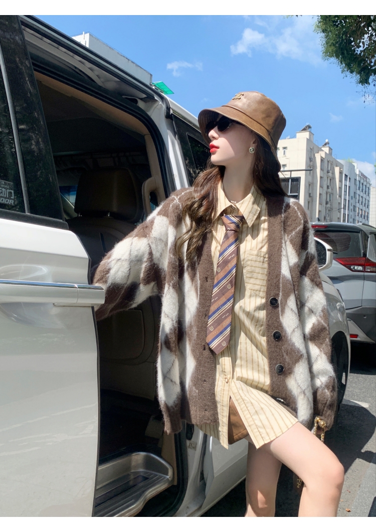 果果家 格紋針織開衫外套女秋季新款慵懶風寬鬆毛衣復古羊毛上衣
