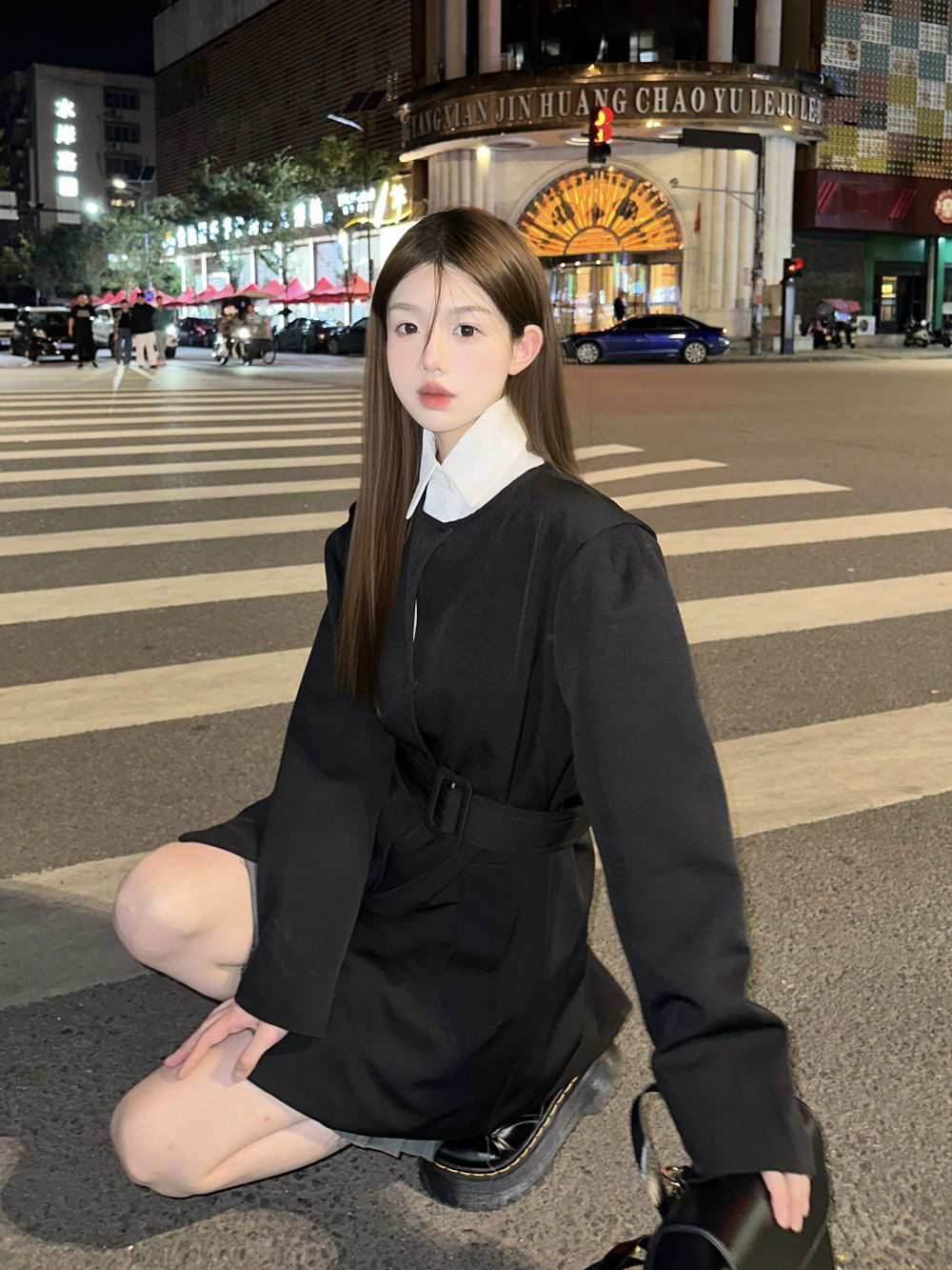Real shot of three-standard suit for small people, hand-stitched button round collar suit, winter solid color versatile shirt with belt