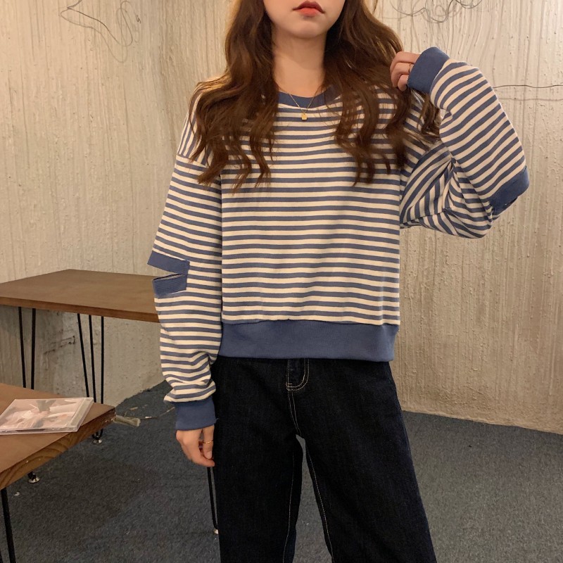 韓版魚鱗條紋長袖薄款2023女裝秋冬季設計感時尚潮上衣