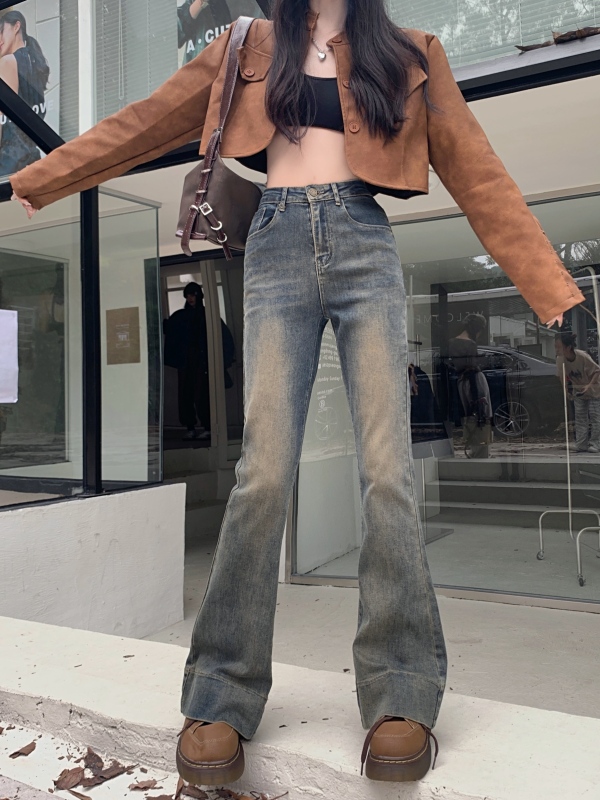 實拍微喇牛仔褲女2023新款小個子高腰顯瘦彈力緊身馬蹄喇叭褲子