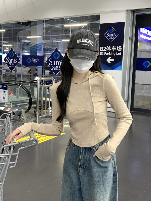 實拍 秋冬韓版修身連帽魚骨設計感小眾純棉內搭T恤打底女上衣