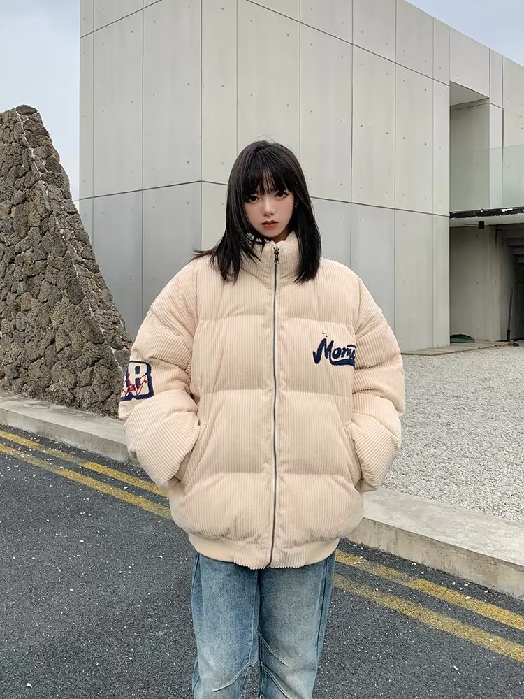 美式高街復古燈芯絨刺繡立領棉服男女潮牌寬鬆麵包服情侶外套棉衣