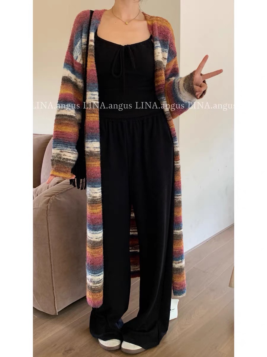 LINA contrasting color knitted cardigan women's 2023 autumn new Korean style retro lazy style long loose sweater jacket