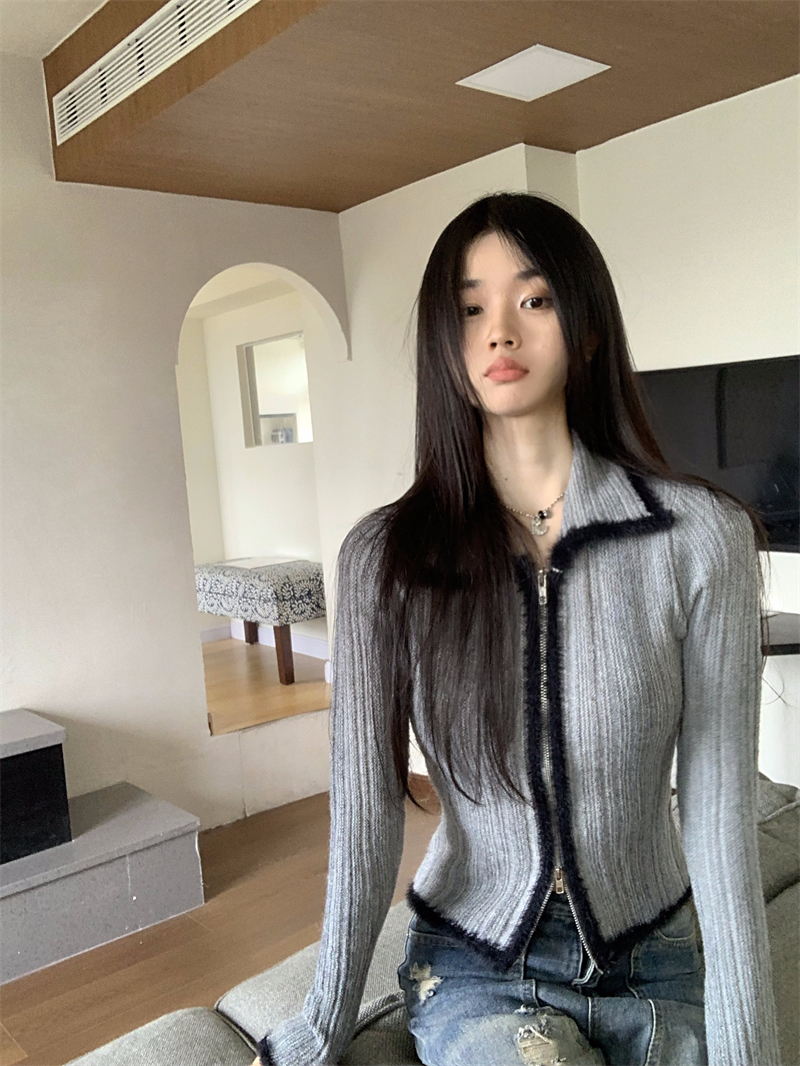 實拍~ 復古拼色雙拉鏈翻領漸變慵懶收腰顯瘦修身長袖針織開衫