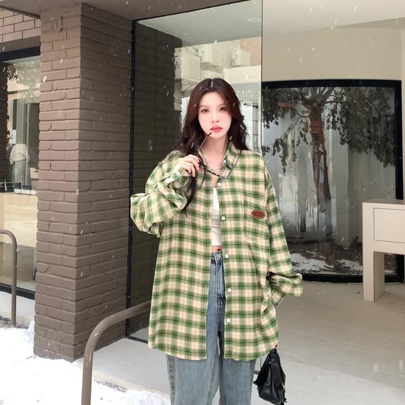 實拍男友風復古格紋長袖襯衫女潮流寬鬆休閒慵懶上衣外套