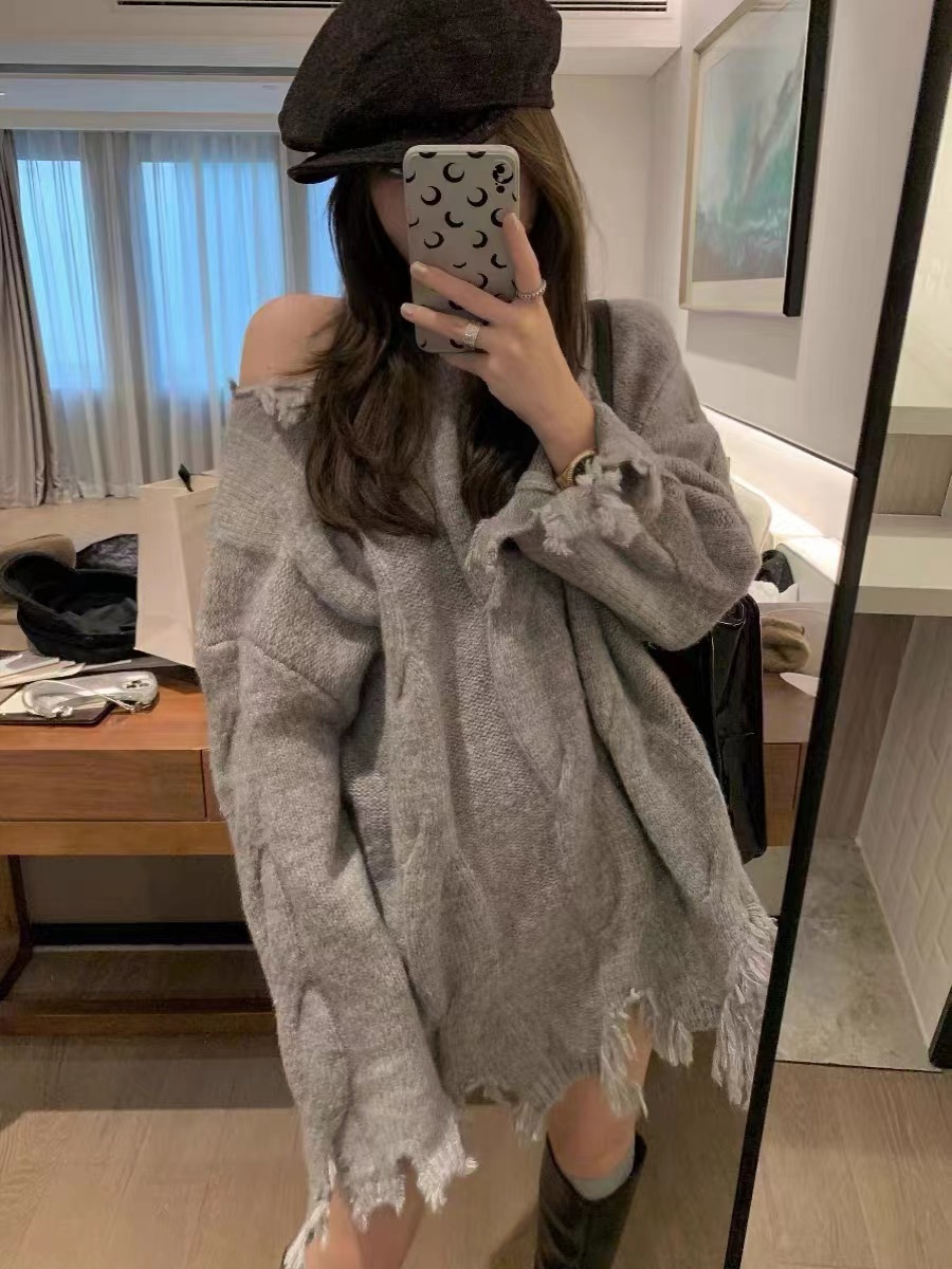 2023秋冬新品韓版絞花撕破設計長款大毛衣女蓬鬆軟糯親膚針織上衣