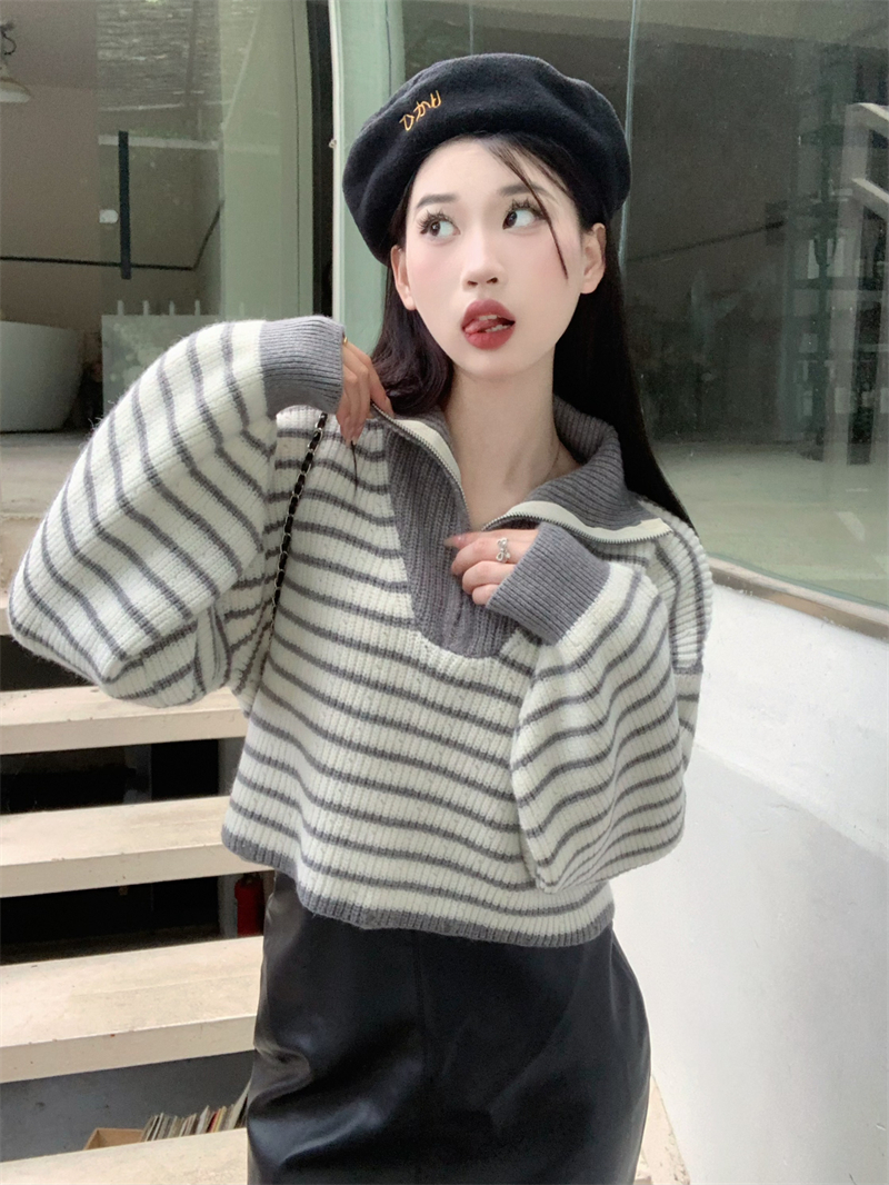 polo領條紋毛衣女秋冬加厚寬鬆慵懶風顯瘦外穿設計感撞色針織上衣