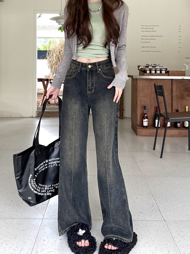 實拍#寬鬆牛仔長褲女設計感水洗復古深色直筒闊腿拖地褲子