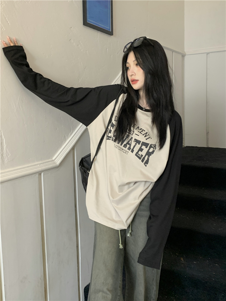 American retro inner long-sleeved T-shirt for women in fall, color-blocked bottoming shirt, versatile, loose, mid-length, casual
