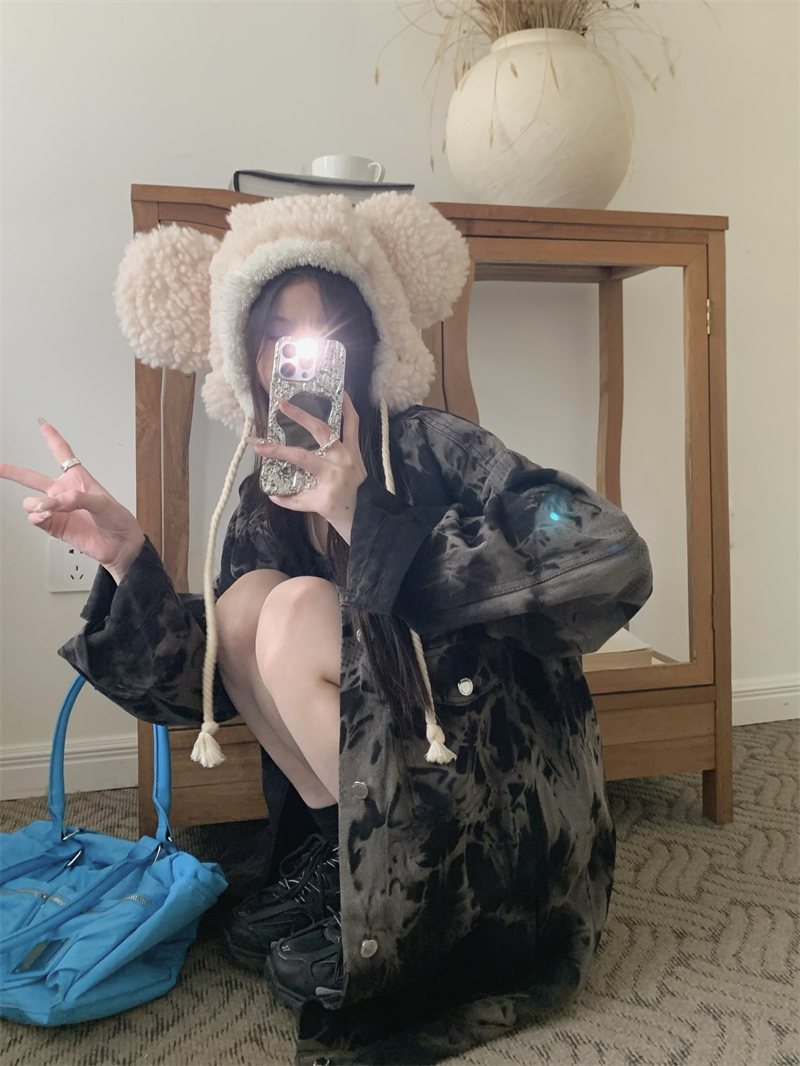 實拍 BF慵懶風百搭扎染中長款寬鬆牛仔外套女