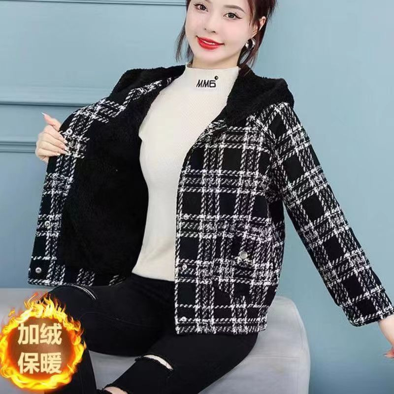 複合冬季新款短款小個子大衣加絨加厚羊羔絨連帽格子女士外套