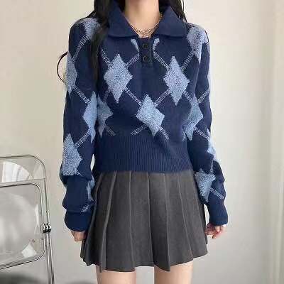 Retro diamond check color-blocked lapel pullover loose sweater for women in autumn and winter lazy style knitted sweater long-sleeved top