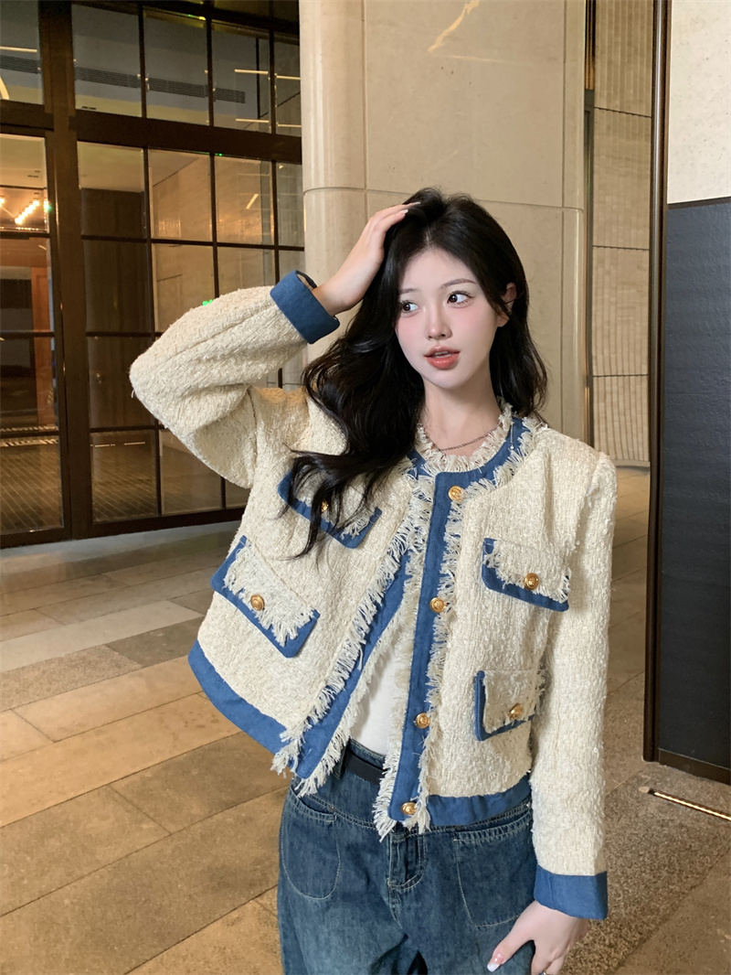 Actual shot ~ 2023 autumn and winter casual and versatile niche design small fragrance style color-blocked tassel heavy-duty jacket