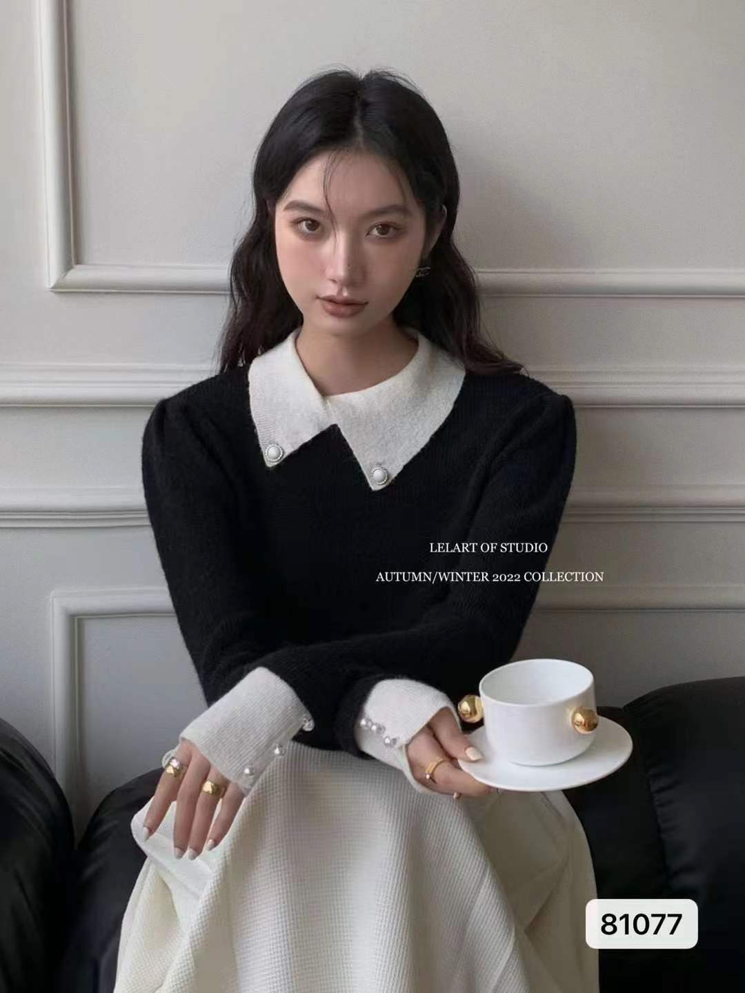 lelart新款法式優雅赫本撞色翻領毛衣女通勤寬鬆顯瘦針織