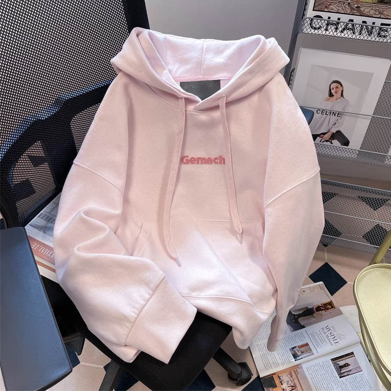 加絨款粉色甜酷藝術生奶乖衛衣女秋季寬鬆chic港風小眾連帽上衣