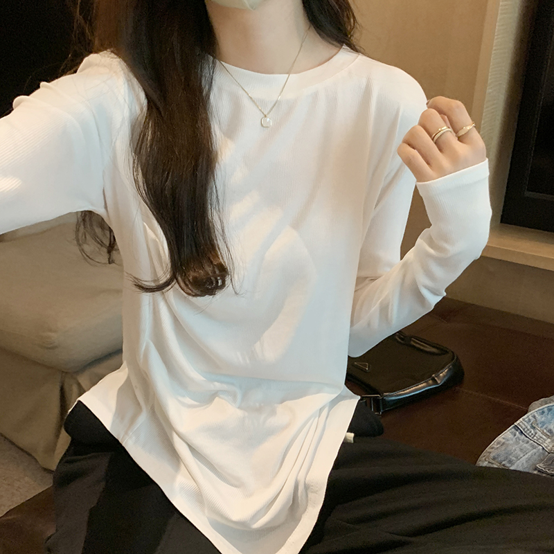 實拍圖圓領正肩長袖T恤女秋季2023新款不規則打底設計感小眾上衣
