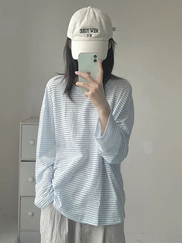 天貓品質 原版秋季簡約藍色條紋T恤女小清新內搭上衣