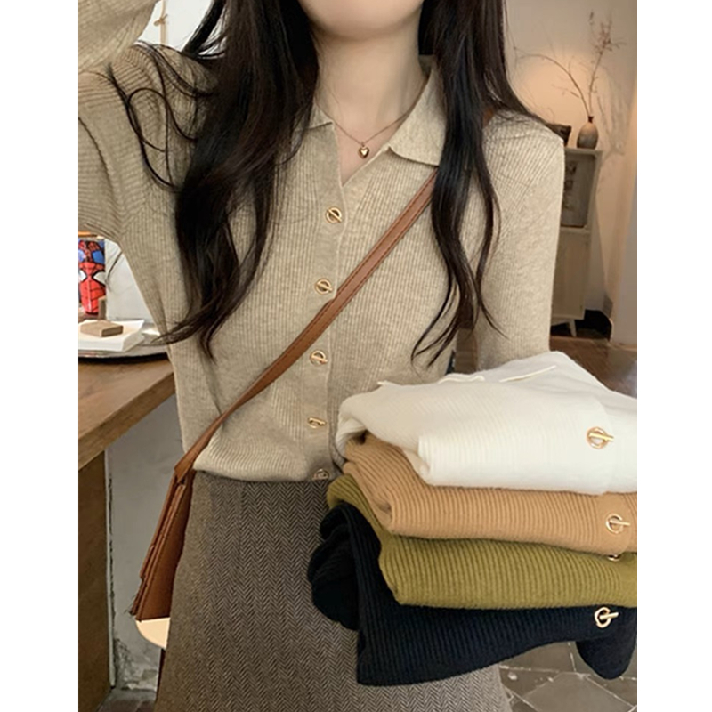 春秋2023新款polo領毛衣紐扣高級設計感別致春裝針織開衫打底上衣